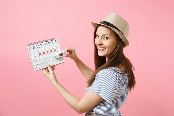 Vista Trasera Mujer Vestido Celebrar Mano Termómetro Períodos Femeninos Calendario — Foto de Stock