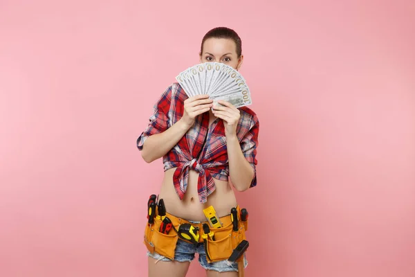 Joven Manitas Con Camisa Cuadros Pantalones Cortos Mezclilla Kit Herramientas — Foto de Stock