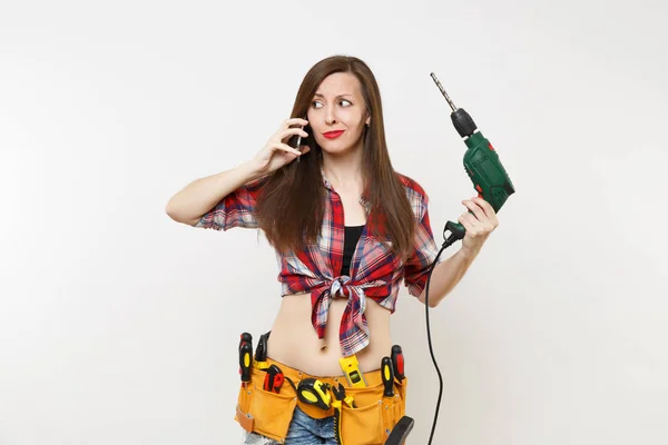 Joven Mujer Manitas Energía Camisa Cuadros Kit Herramientas Cinturón Lleno — Foto de Stock