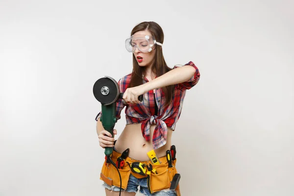 Strong Young Energy Handyman Woman Plaid Top Shirt Denim Shorts — Stock Photo, Image