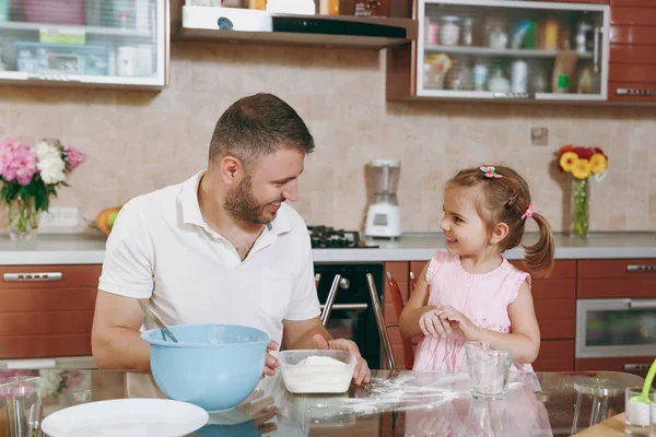 Little Kid Girl Helps Man Cook Christmas Ginger Cookies Plays — Stock Photo, Image