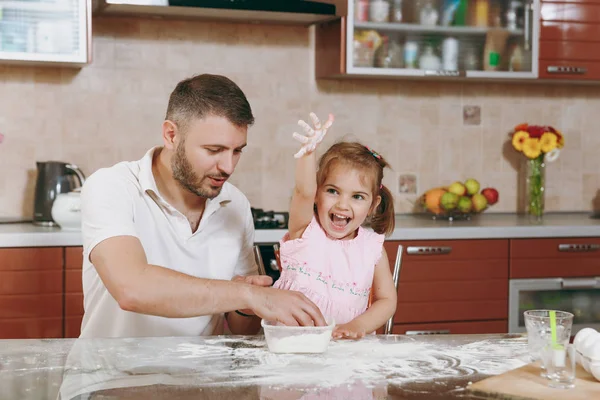 Little Kid Girl Helps Man Cook Christmas Ginger Cookies Kitchen — Stock Photo, Image