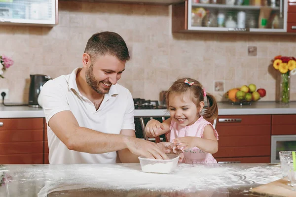 Little Kid Girl Helps Man Cook Christmas Ginger Cookies Playing — Stock Photo, Image