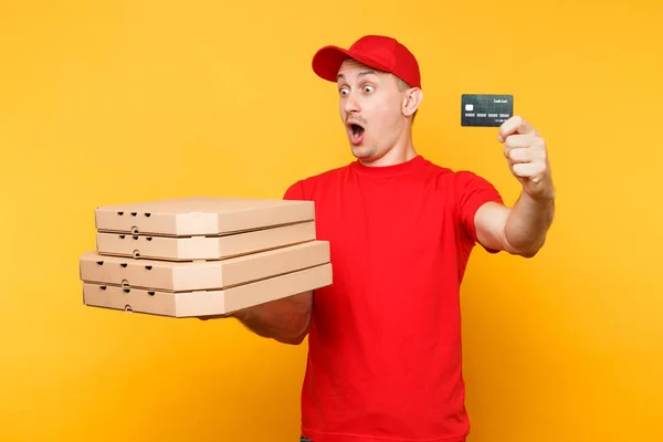 Entrega Homem Shirt Boné Vermelho Dando Caixas Pizza Ordem Alimentar — Fotografia de Stock