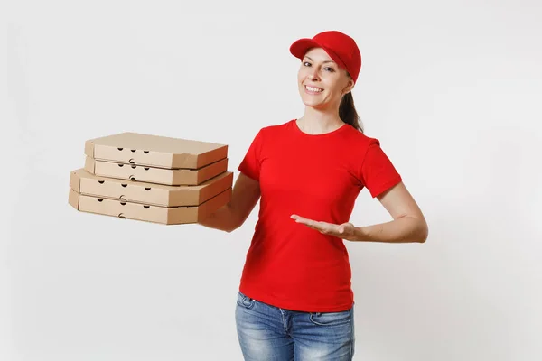 Vrouw Rode Dop Shirt Geven Voedsel Volgorde Pizzadozen Geïsoleerd Een — Stockfoto