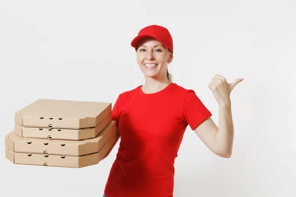 Donna Berretto Rosso Shirt Che Cibo Ordinare Scatole Pizza Isolate — Foto Stock