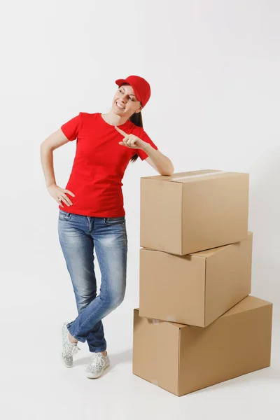 Retrato Comprimento Total Mulher Parto Boné Vermelho Shirt Isolada Fundo — Fotografia de Stock