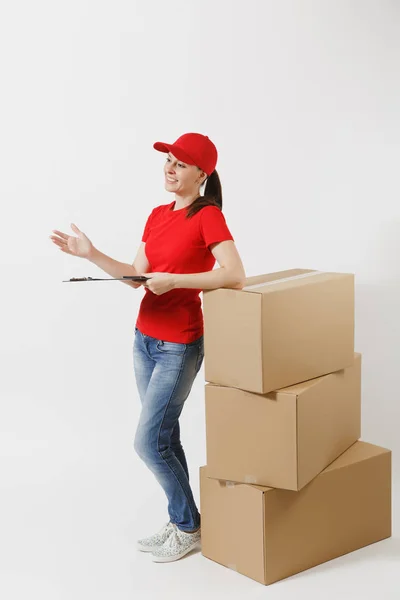 Full Length Delivery Woman Red Cap Shirt Isolated White Background — Stock Photo, Image