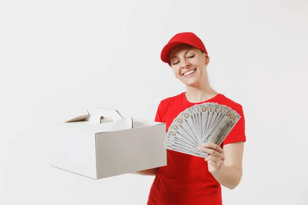 Γυναίκα Στο Κόκκινο Καπάκι Δίνοντας Κουτί Κέικ Τροφίμων Σειρά Shirt — Φωτογραφία Αρχείου