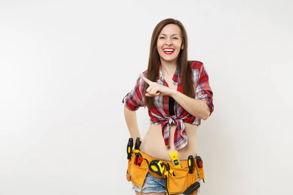 Forte Jovem Handyman Mulher Camisa Superior Xadrez Calções Jeans Kit — Fotografia de Stock