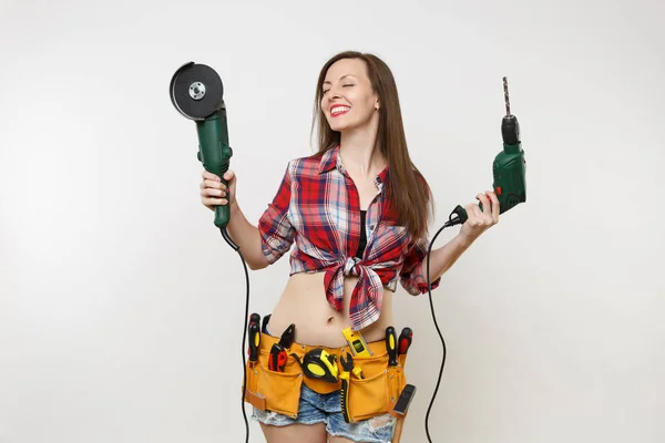 Mulher Faz Tudo Energia Luvas Fones Ouvido Com Isolamento Acústico — Fotografia de Stock