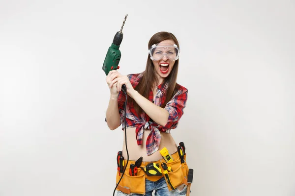 Fuerte Joven Manitas Energía Mujer Camisa Cuadros Pantalones Cortos Mezclilla — Foto de Stock