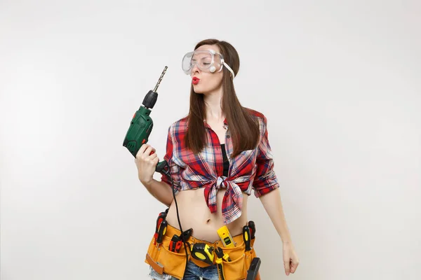 Strong Young Energy Handyman Woman Plaid Top Shirt Denim Shorts — Stock Photo, Image