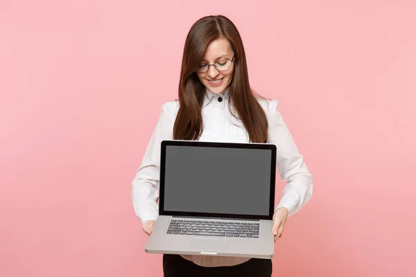 Young Smiling Business Woman Glasses Holding Looking Laptop Computer Blank — Stock Photo, Image