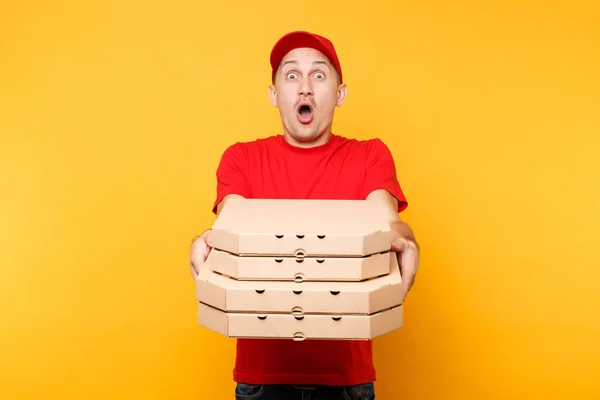 Entrega Homem Boné Vermelho Shirt Dando Caixas Pizza Ordem Alimentar — Fotografia de Stock