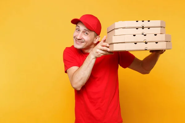 Entrega Homem Boné Vermelho Shirt Dando Caixas Pizza Ordem Alimentar — Fotografia de Stock