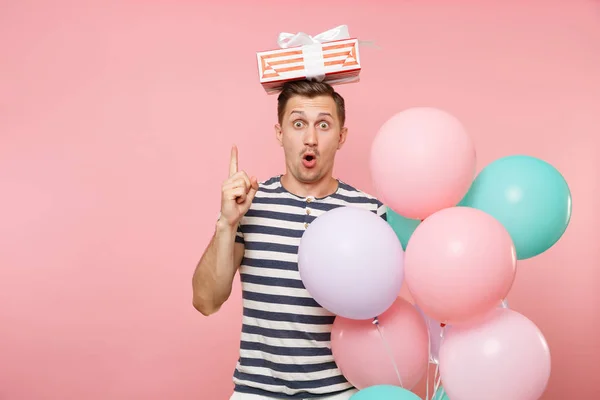 Portrait Young Man Striped Shirt Holding Colorful Air Balloons Red — Stock Photo, Image