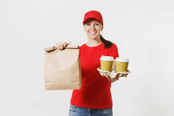 Mulher Boné Vermelho Shirt Dando Ordem Fast Food Isolado Fundo — Fotografia de Stock