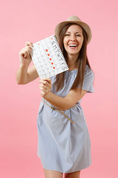 Portrait Young Woman Blue Dress Hat Holding Periods Calendar Checking — Stock Photo, Image