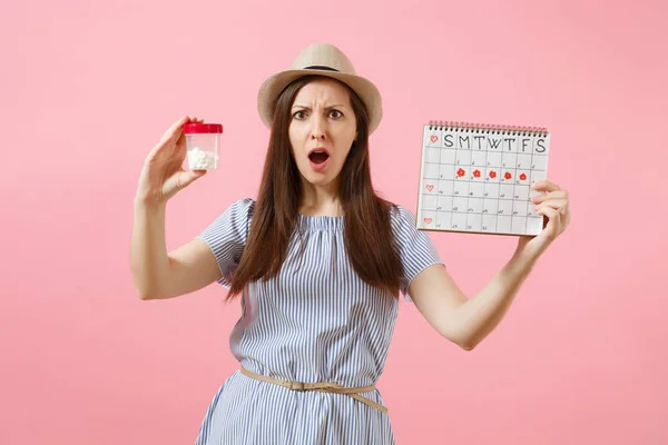 Portrait Sad Woman Blue Dress Holding White Bottle Pills Female — Stock Photo, Image