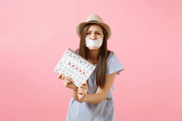 Portrait Woman Holding Female Periods Calendar Checking Menstruation Days Closed — Stock Photo, Image