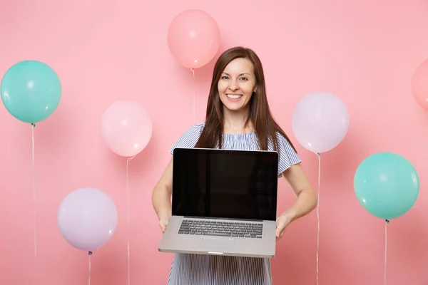 Portrait Fascinating Smiling Young Happy Woman Blue Dress Holding Laptop — Stock Photo, Image