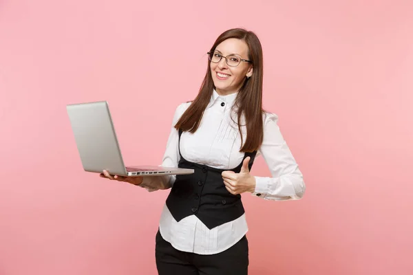 Young Smiling Successful Business Woman Glasses Working Laptop Showing Thumb — Stock Photo, Image
