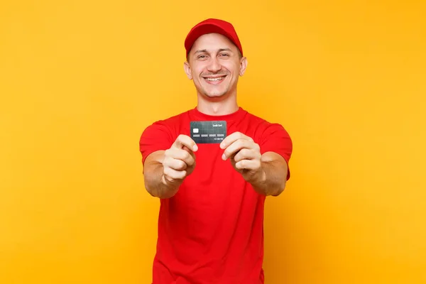 Człowiek Dostawy Jednolity Czerwony Białym Tle Żółtym Tle Pomarańczowy Professional — Zdjęcie stockowe