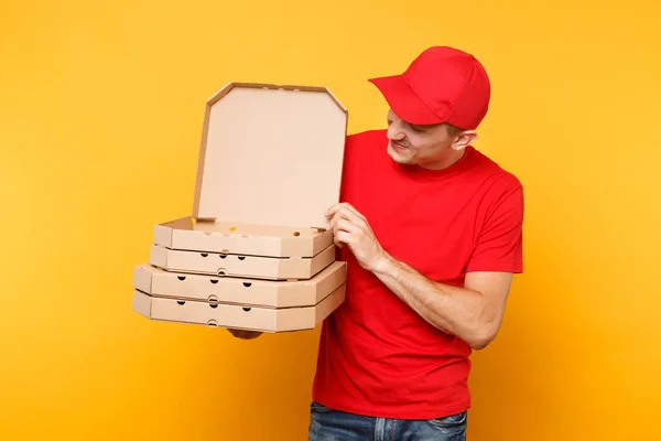 Entrega Homem Boné Vermelho Shirt Dando Caixas Pizza Ordem Alimentar — Fotografia de Stock