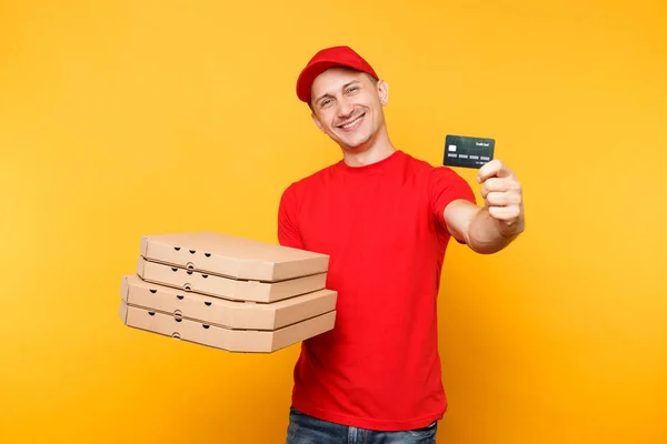 Szállítási Ember Piros Sapkát Póló Étel Rendelés Pizza Dobozok Elszigetelt — Stock Fotó
