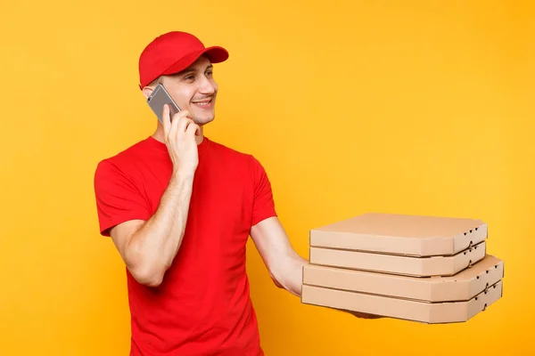 Delivery Man Rode Glb Shirt Geven Voedsel Volgorde Italiaanse Pizza — Stockfoto