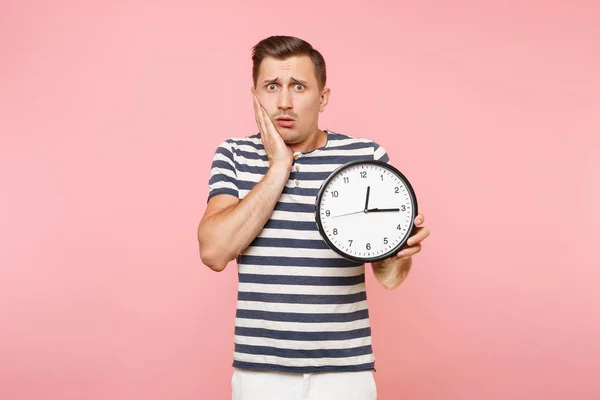 Portrait Shocked Sad Upset Man Wearing Striped Shirt Holding Clock — Stock Photo, Image