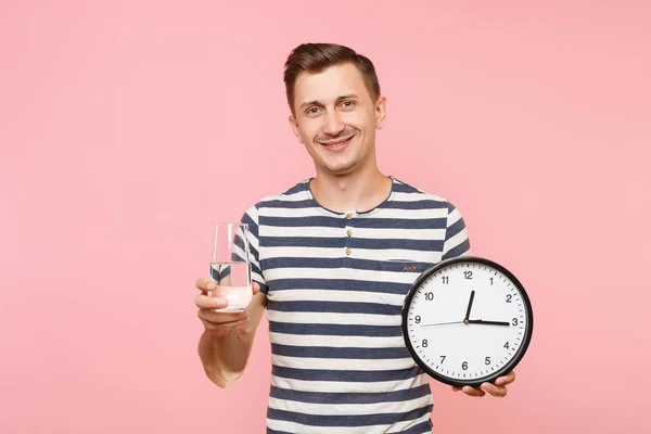 Portrait Happy Caucasian Man Striped Shirt Holding Clock Clear Fresh — Stock Photo, Image