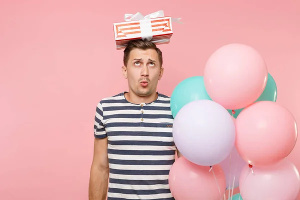 Portrait Young Man Striped Shirt Holding Colorful Air Balloons Red — Stock Photo, Image