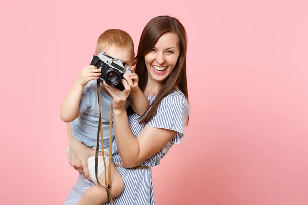 Portrait Happy Family Mother Keep Arms Have Fun Hug Son — Stock Photo, Image