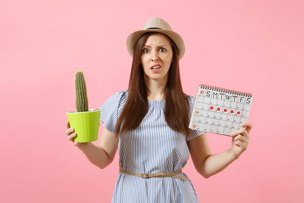 Sad Sickness Woman Blue Dress Holding Green Cactus Periods Calendar — Stock Photo, Image