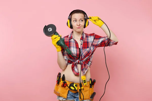 Güçlü Enerji Erkeği Kadın Sarı Eldiven Gürültü Yalıtımlı Kulaklıklar Tam — Stok fotoğraf