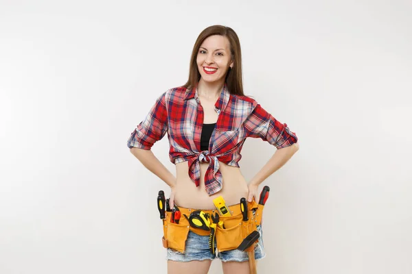 Fuerte Joven Manitas Mujer Camisa Cuadros Pantalones Cortos Mezclilla Kit — Foto de Stock