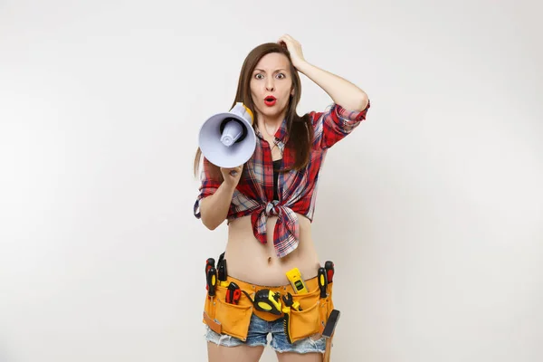 Joven Mujer Manitas Excitado Camisa Cuadros Pantalones Cortos Mezclilla Kit — Foto de Stock