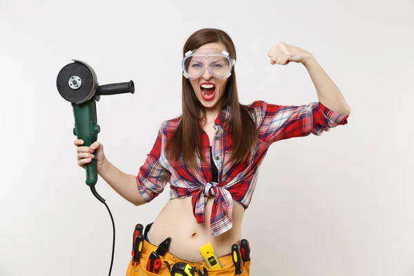 Kräftige Junge Frau Karierten Oberhemd Jeanshose Werkzeugkoffer Voller Instrumente Schutzbrille — Stockfoto