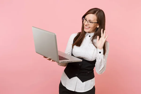 Young Joyful Successful Business Woman Working Laptop Waving Hand Greeting — Stock Photo, Image