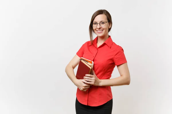 Retrato Una Hermosa Joven Profesora Negocios Con Camisa Roja Falda — Foto de Stock