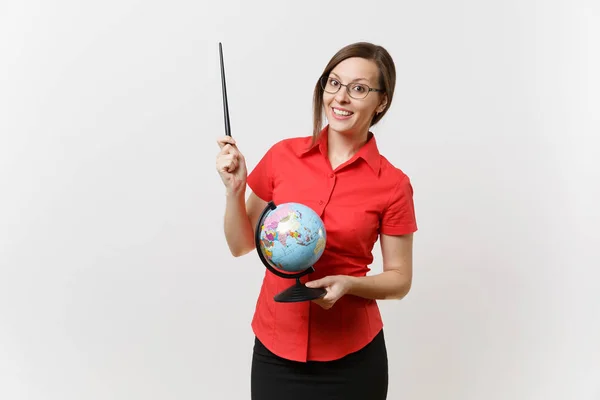 Retrato Mujer Profesora Negocios Gafas Falda Camisa Roja Sosteniendo Globo — Foto de Stock