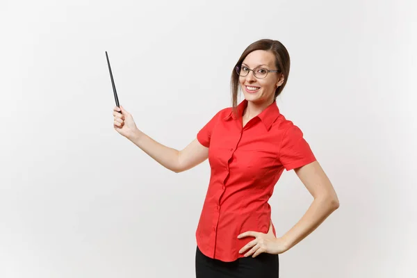 Retrato Una Joven Profesora Negocios Con Gafas Falda Camisa Roja — Foto de Stock