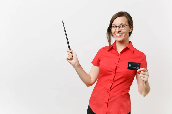 Retrato Una Joven Profesora Negocios Con Camisa Roja Gafas Con — Foto de Stock