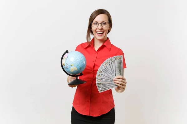 Retrato Una Maestra Negocios Con Camisa Roja Sosteniendo Muchos Dólares — Foto de Stock
