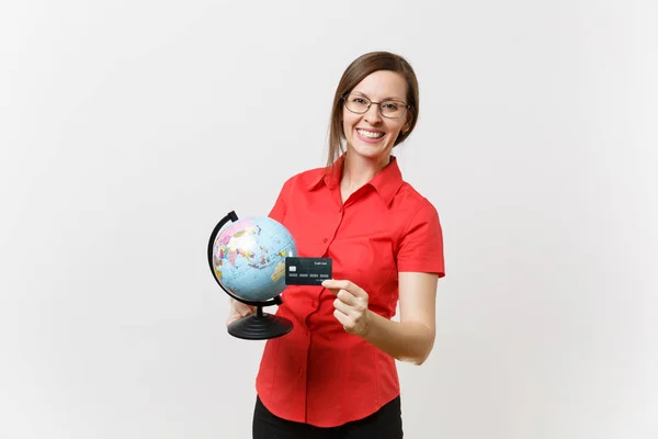 Retrato Mujer Profesora Negocios Con Gafas Falda Camisa Roja Sosteniendo — Foto de Stock