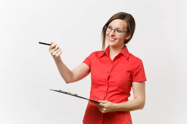 Retrato Una Joven Profesora Negocios Con Camisa Roja Gafas Sujetando — Foto de Stock