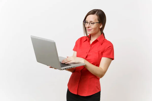 Portrait Beautiful Young Business Teacher Woman User Red Shirt Glasses — Stock Photo, Image