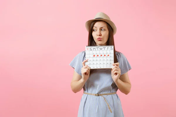 Portrait Young Woman Blue Dress Hat Holding Periods Calendar Checking — Stock Photo, Image